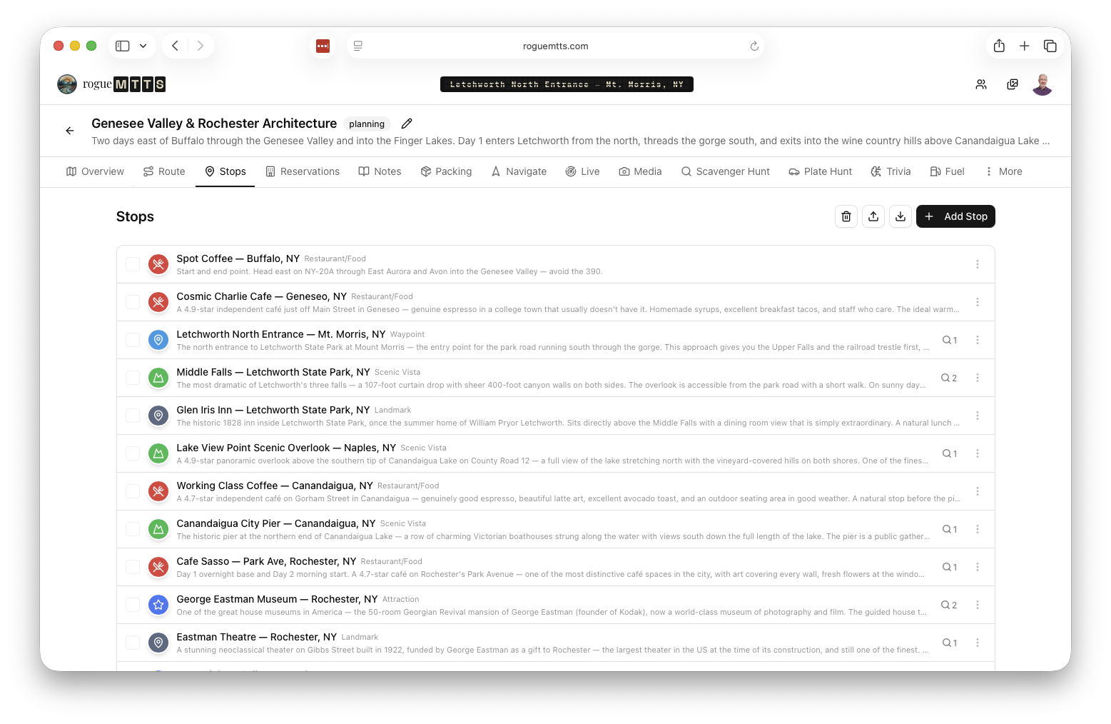 Stops list showing points of interest along the route