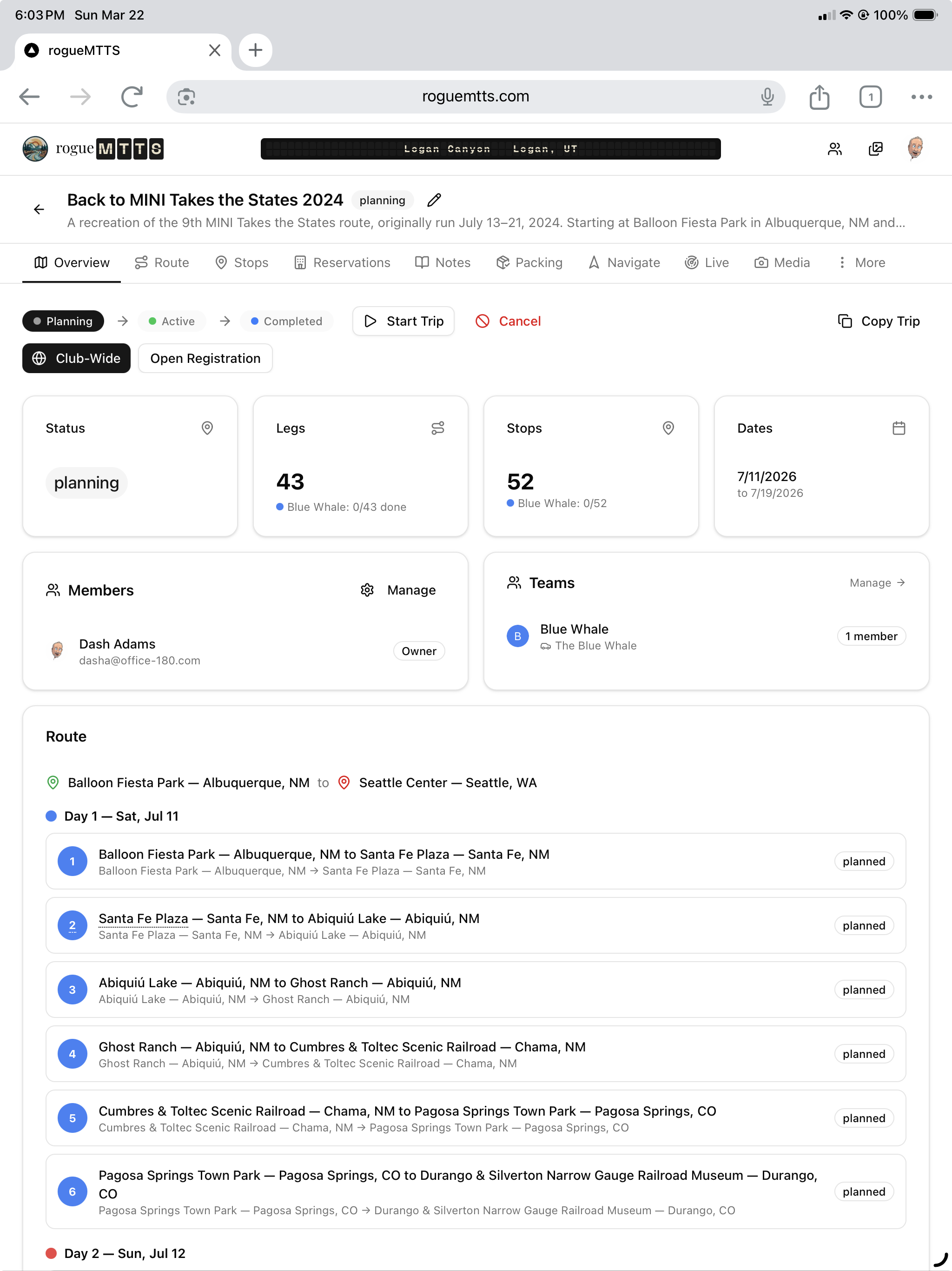Trip dashboard on iPad showing trip overview and activity