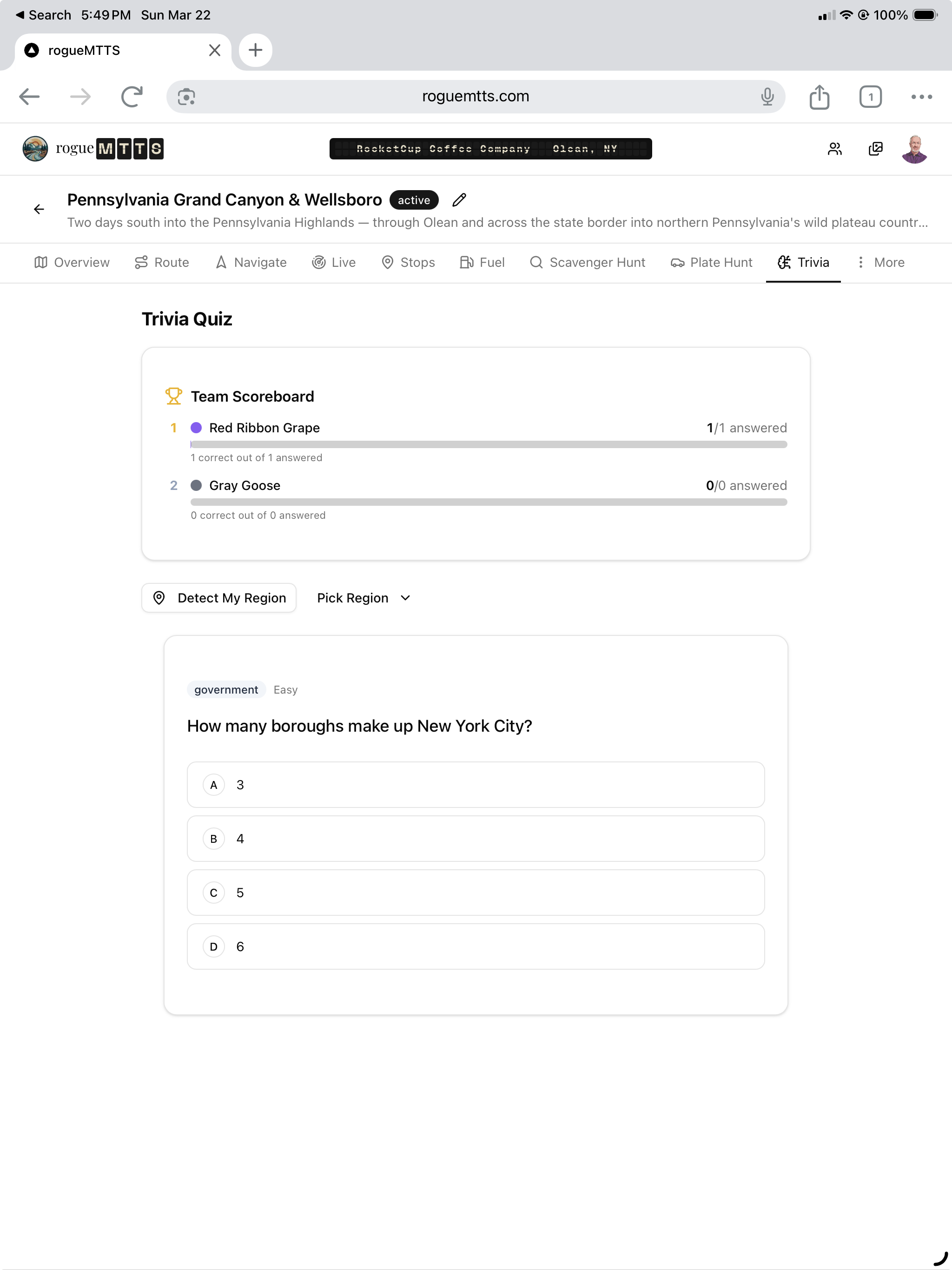 Trivia game on iPad showing a question with multiple choice answers